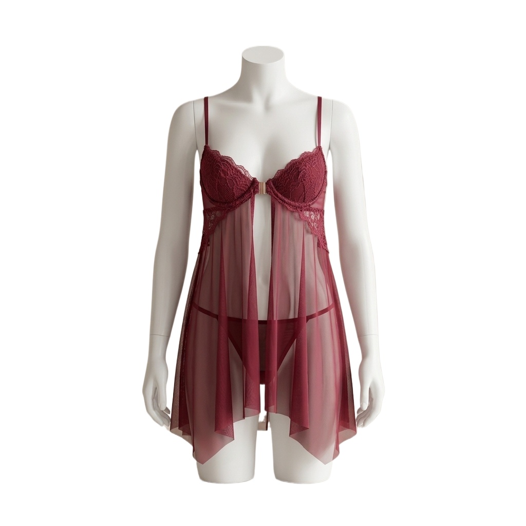 Babydoll Chemise Night - 女性用、レースがあしらわれたベビードール風ランジェリー。透け感のあるメッシュ素材のナイトガウンで、花柄のカップと調節可能なストラップが付いています。新婚旅行や結婚式の夜に最適です。