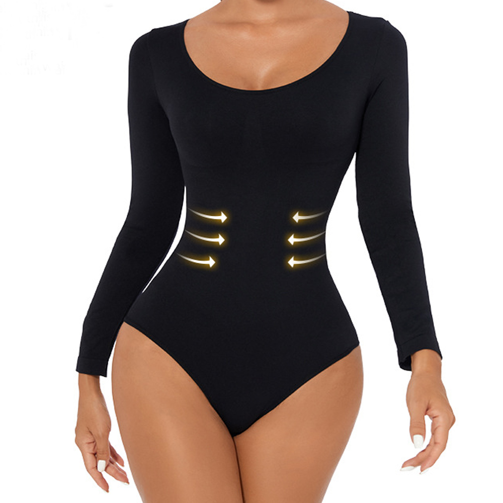 Shapewear Bodysuit Firm - 女性用ワンピースシェイプウェアボディスーツ、お腹引き締め長袖ウエストトレーナーボディスーツ、フック付きクロッチボディシェイパージャンプスーツ