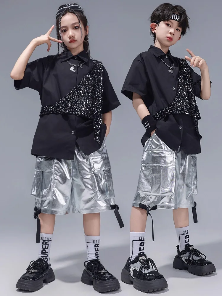 ボーイズヒップホップダンス衣装子供用黒シャツミニベストシルバ - Boyshort Underwear のレビューと価格